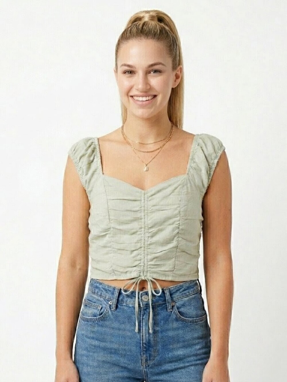 Japna Green Ruched Square Neck Tie Front Boho Smocked Crop Top - Large